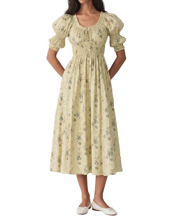 Sage Floral Puff-Sleeve Midi — Moms fall family photo outfit idea
