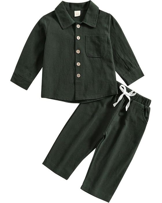 Forest Green Button-Up + Pant Set — Young Boys fall family photo outfit idea