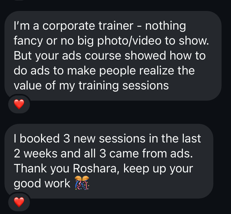 Client message: I booked 3 new sessions in the last 2 weeks and all 3 came from ads