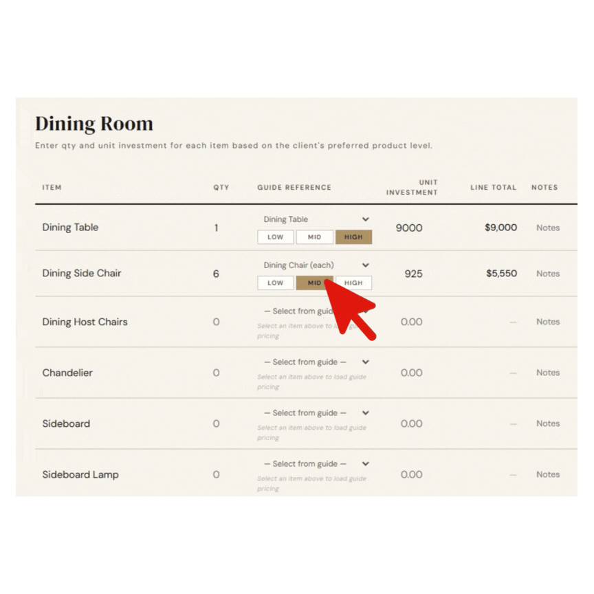 Animated demonstration of selecting furnishings, pricing levels, and quantities in the calculator