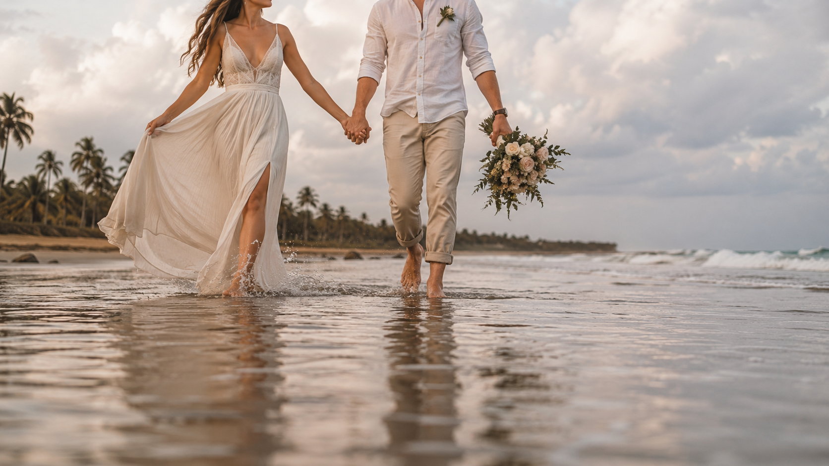 Couple walking down the beach during an intimate elopement celebration