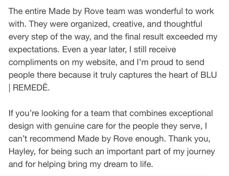 Continuation of the Blu Remede founder's five-star Google review: a year on she still receives compliments on the website Made by Rove created