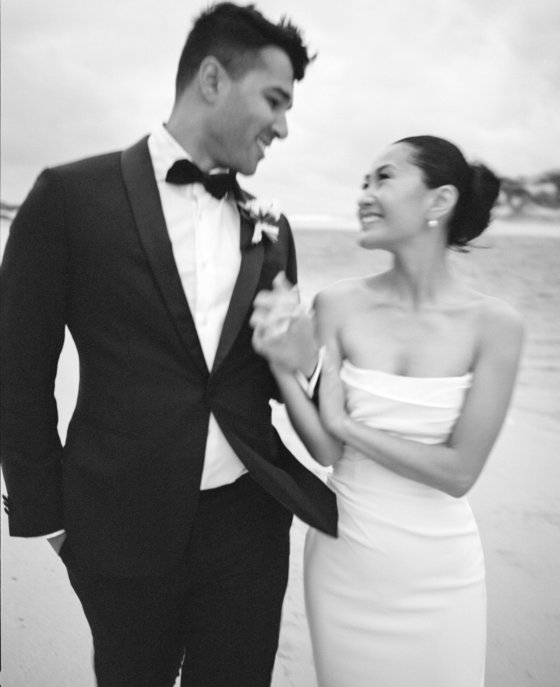 Candid black and white analogue wedding photograph