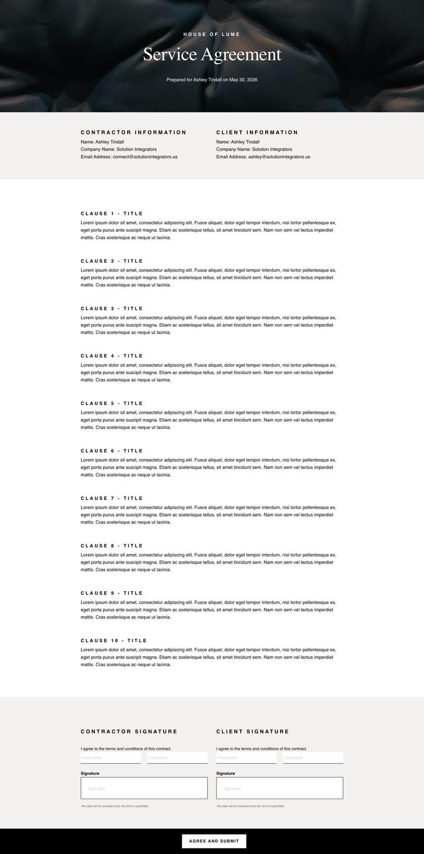 House of Lume Dubsado contract template, full page