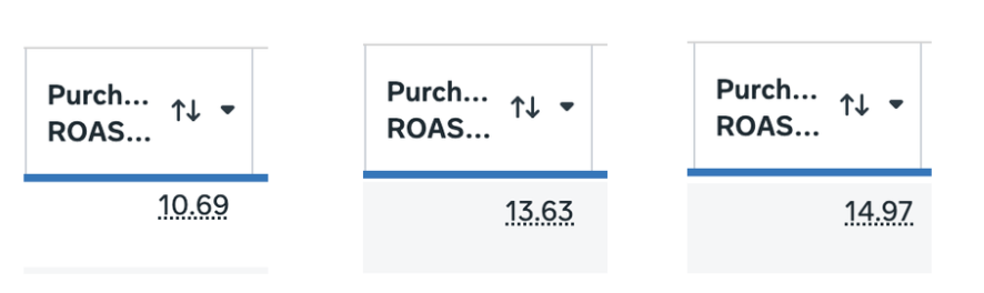 Three ROAS columns screenshot 10.69 / 13.63 / 14.97