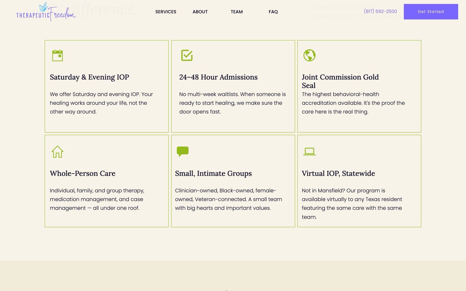 Six feature cards on the Therapeutic Freedom TX website, including Saturday and evening IOP and Joint Commission accreditation