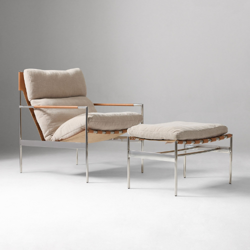Stuart sling chair and ottoman with leather slings and oatmeal cushions