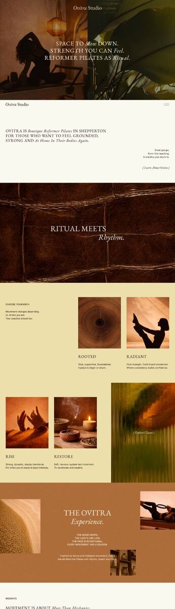 Moody, warm website design by Rove for Ovitra Studio, a boutique reformer pilates studio in Shepperton