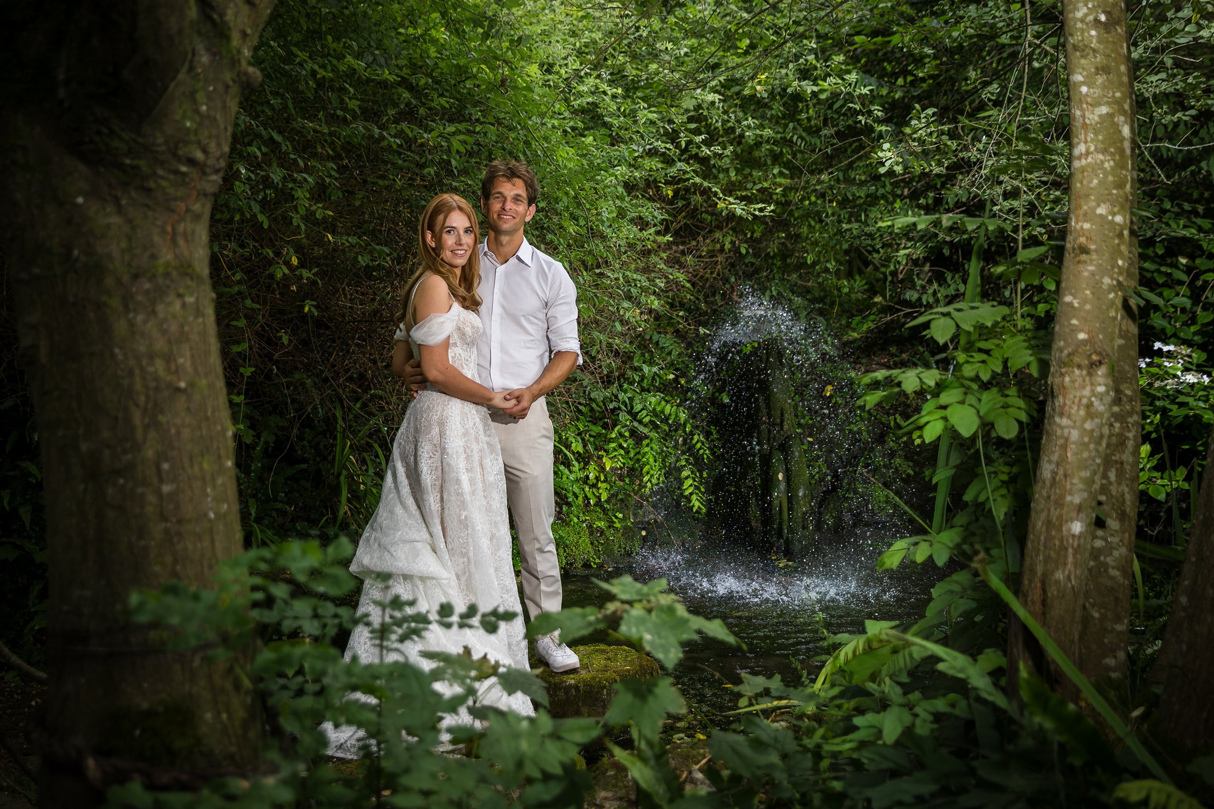 Bride and groom in garden