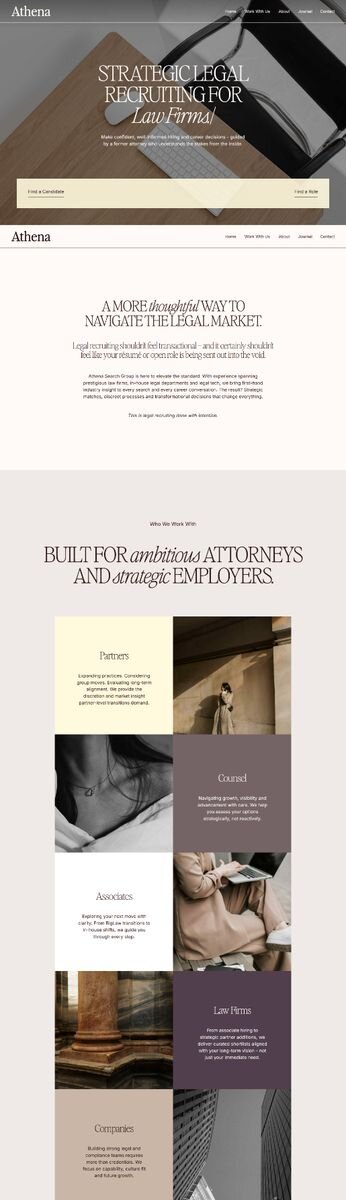 Sophisticated editorial website design by Rove for Athena Search Group, strategic legal recruiting for law firms