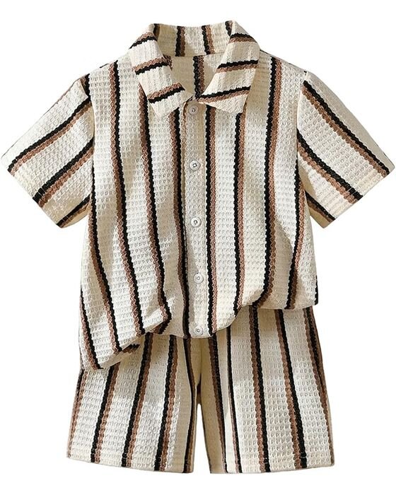 Brown Striped Knit Shirt + Short Set — Young Boys fall family photo outfit idea