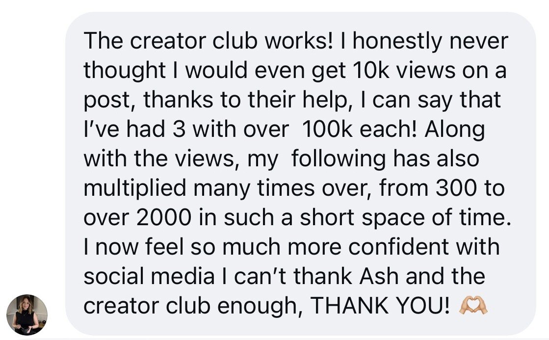 Creator Club member shares that three posts reached over 100,000 views each and her following grew from 300 to over 2,000.