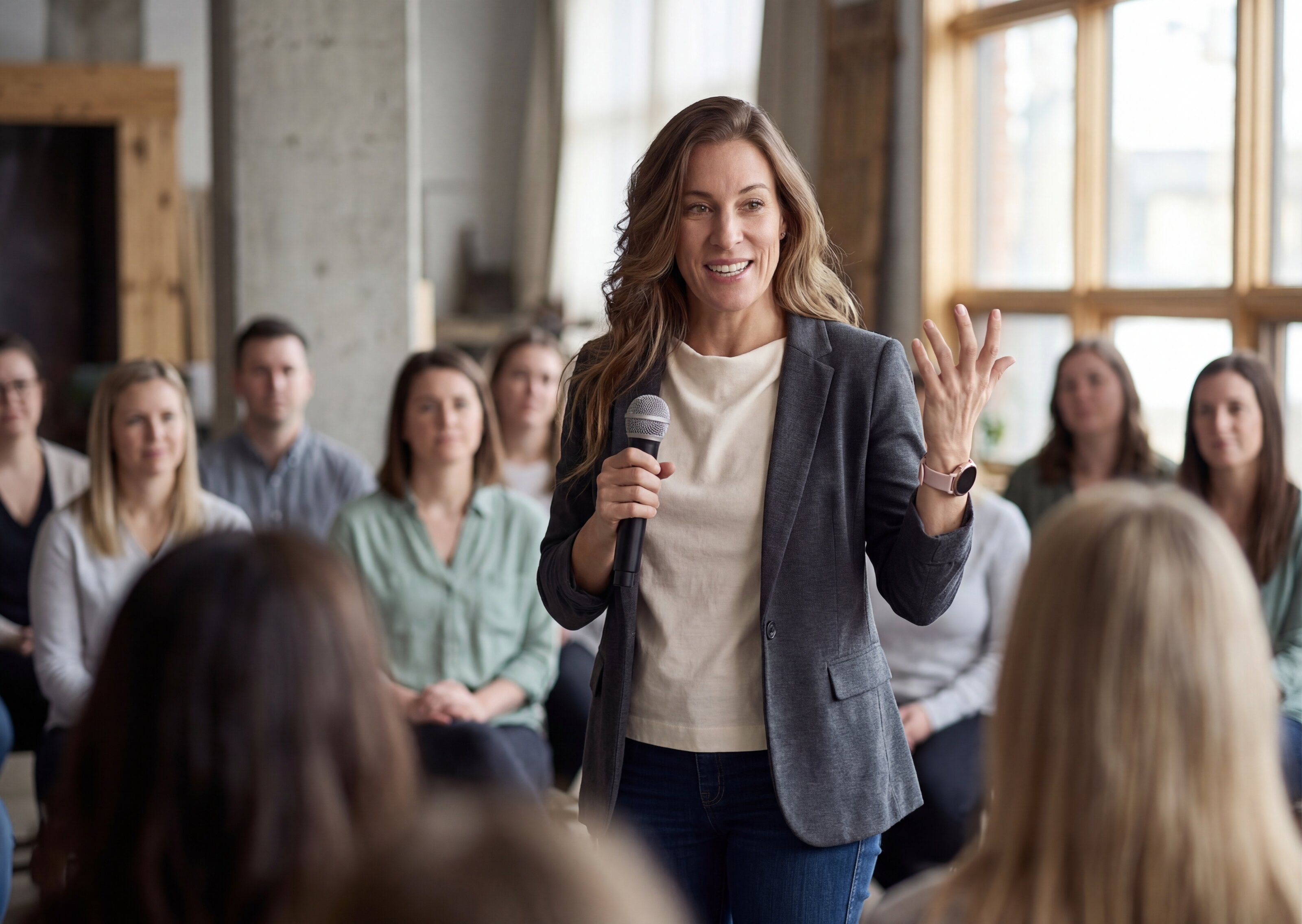 Ange Quinn speaking on stage to a large audience in a grey blazer