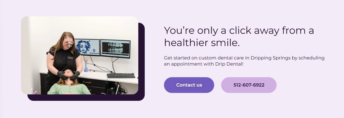 Drip Dental website footer featuring the brand photography