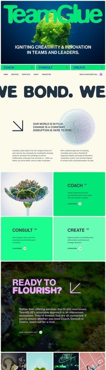 Vibrant, futuristic website design by Rove for TeamGlue, a team coaching and innovation consultancy