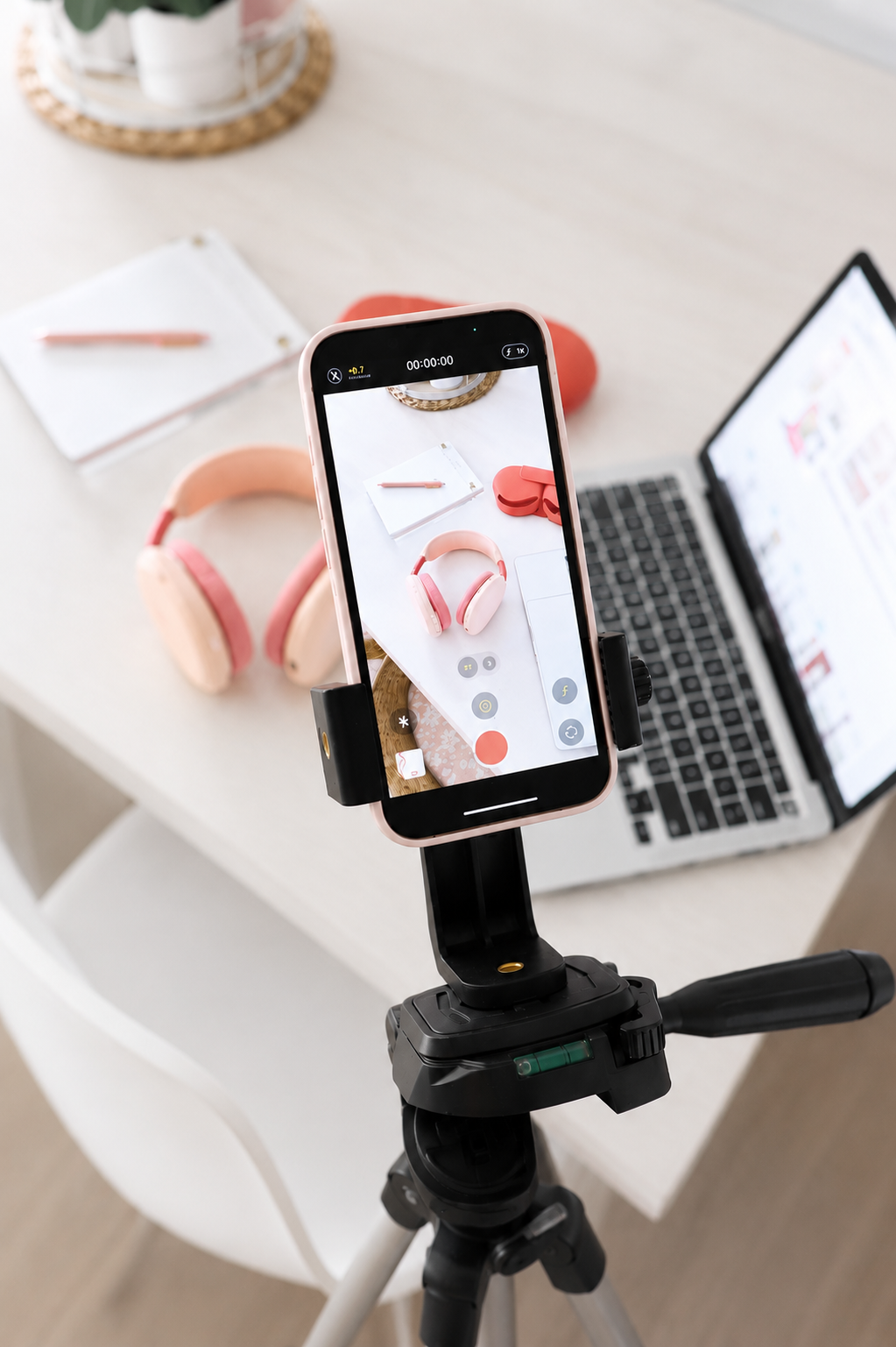 Phone on tripod filming a content flatlay with headphones and notebook