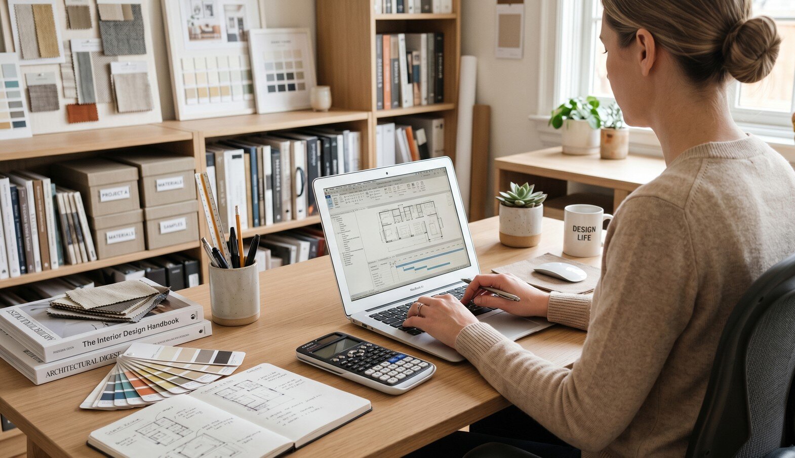 Designer at desk pricing a project