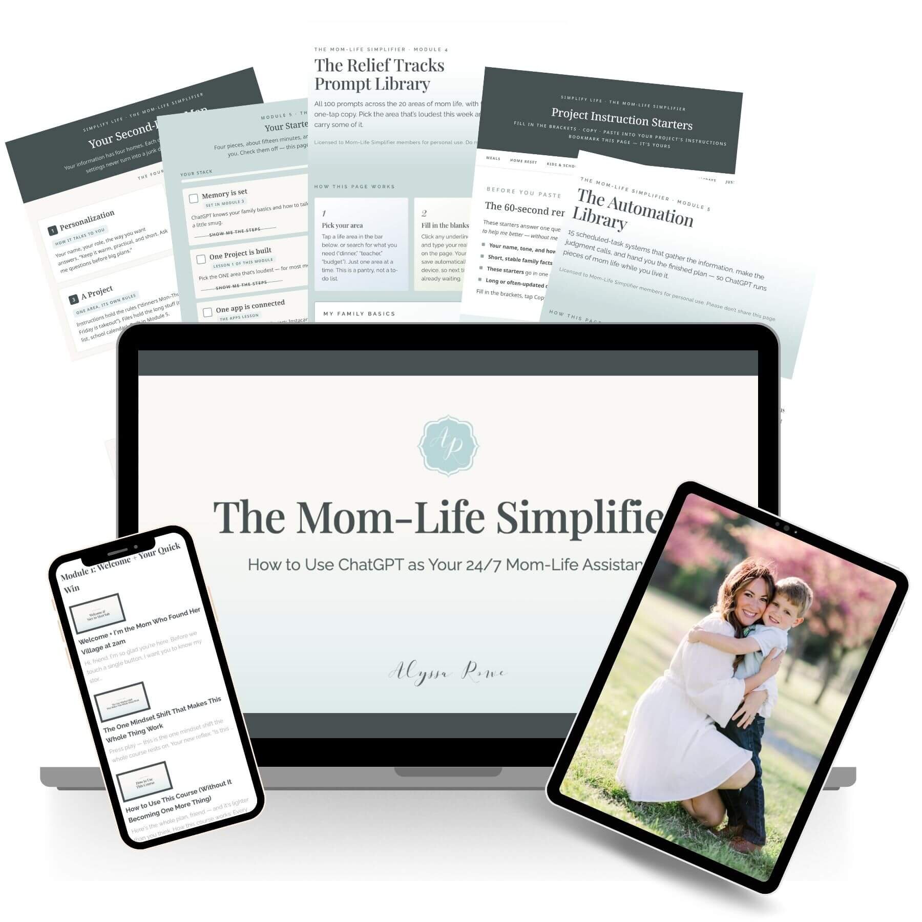 The Mom-Life Simplifier shown on laptop, phone and tablet