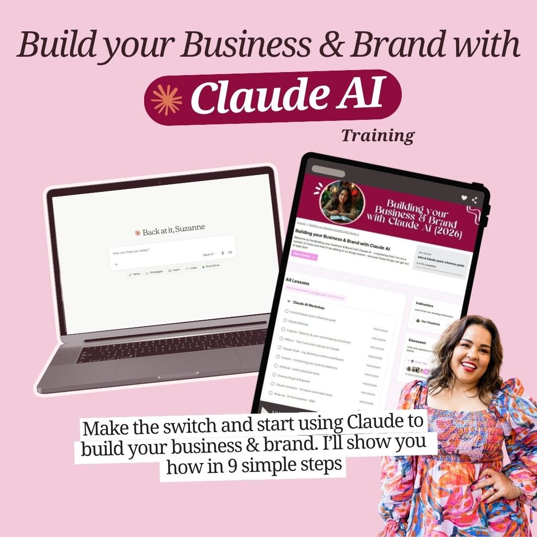 Build your Business and Brand with Claude AI training mockup, showing the course dashboard and Suz Chadwick