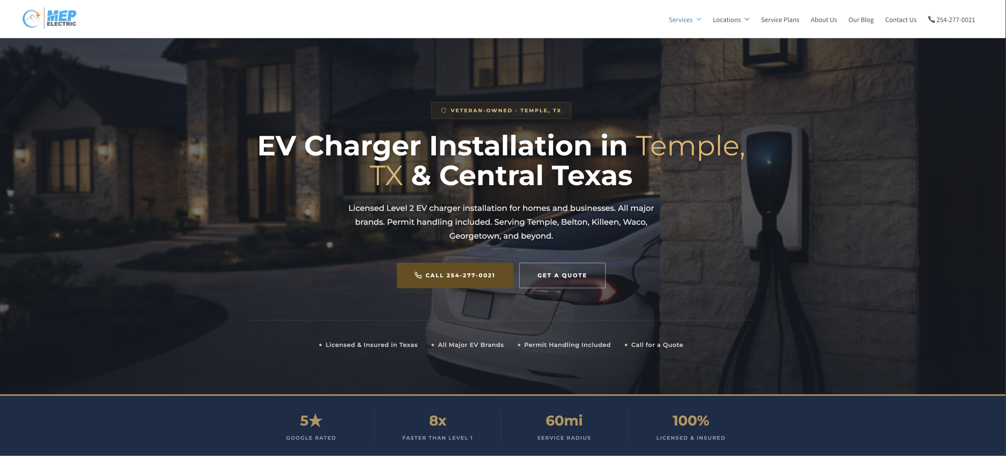 MEP Electric EV charger installation service page, an electrical contractor website in Temple, TX