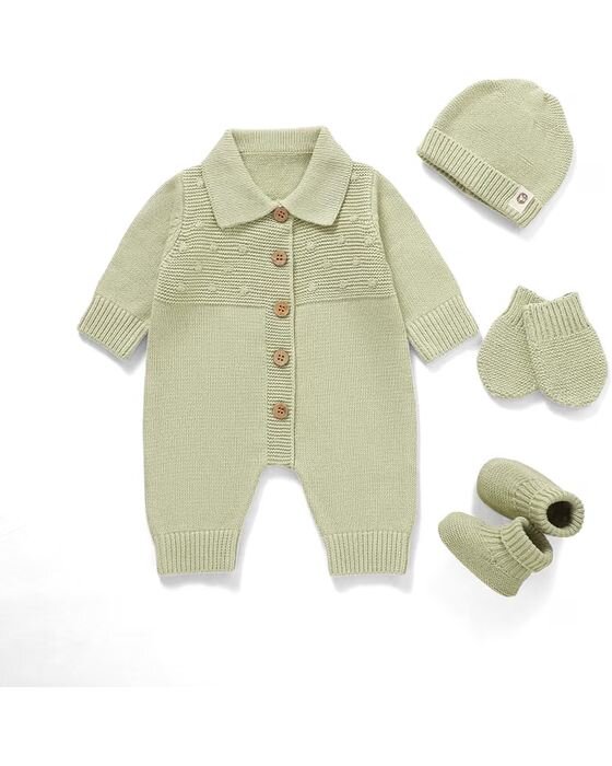 Sage Knit Romper + Hat + Booties — Baby Boys fall family photo outfit idea