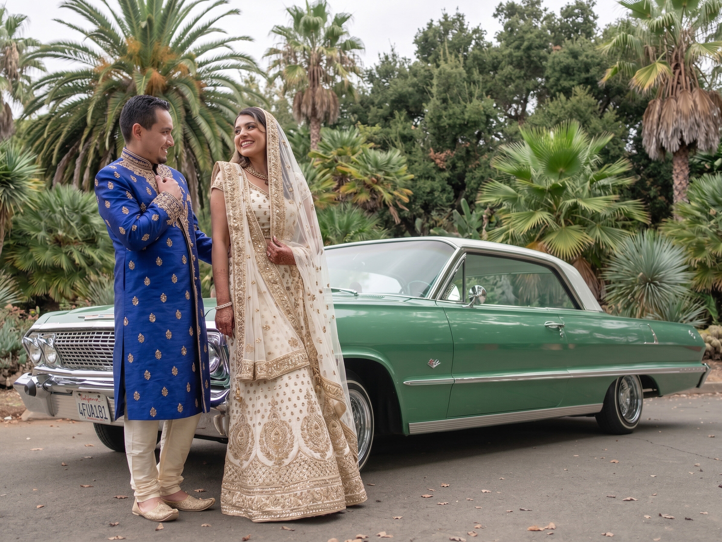 Indian wedding couple in traditional attire standing beside a green vintage car and palm trees