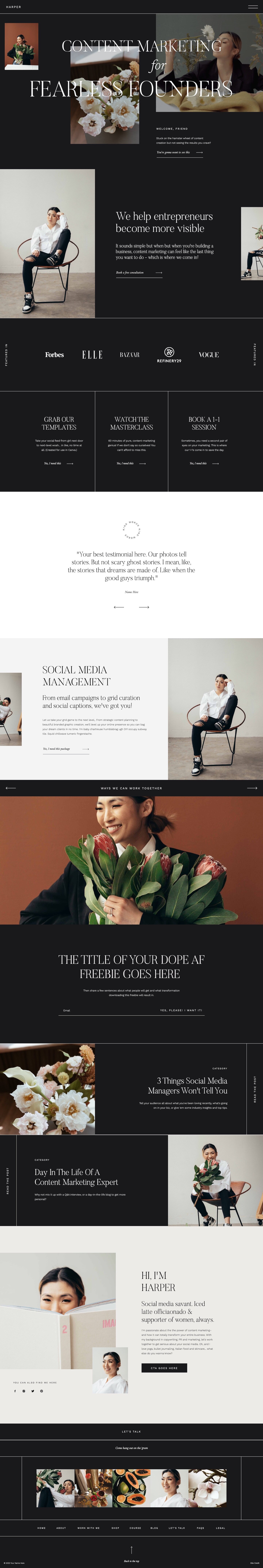 Harper Showit website template homepage design, full page preview