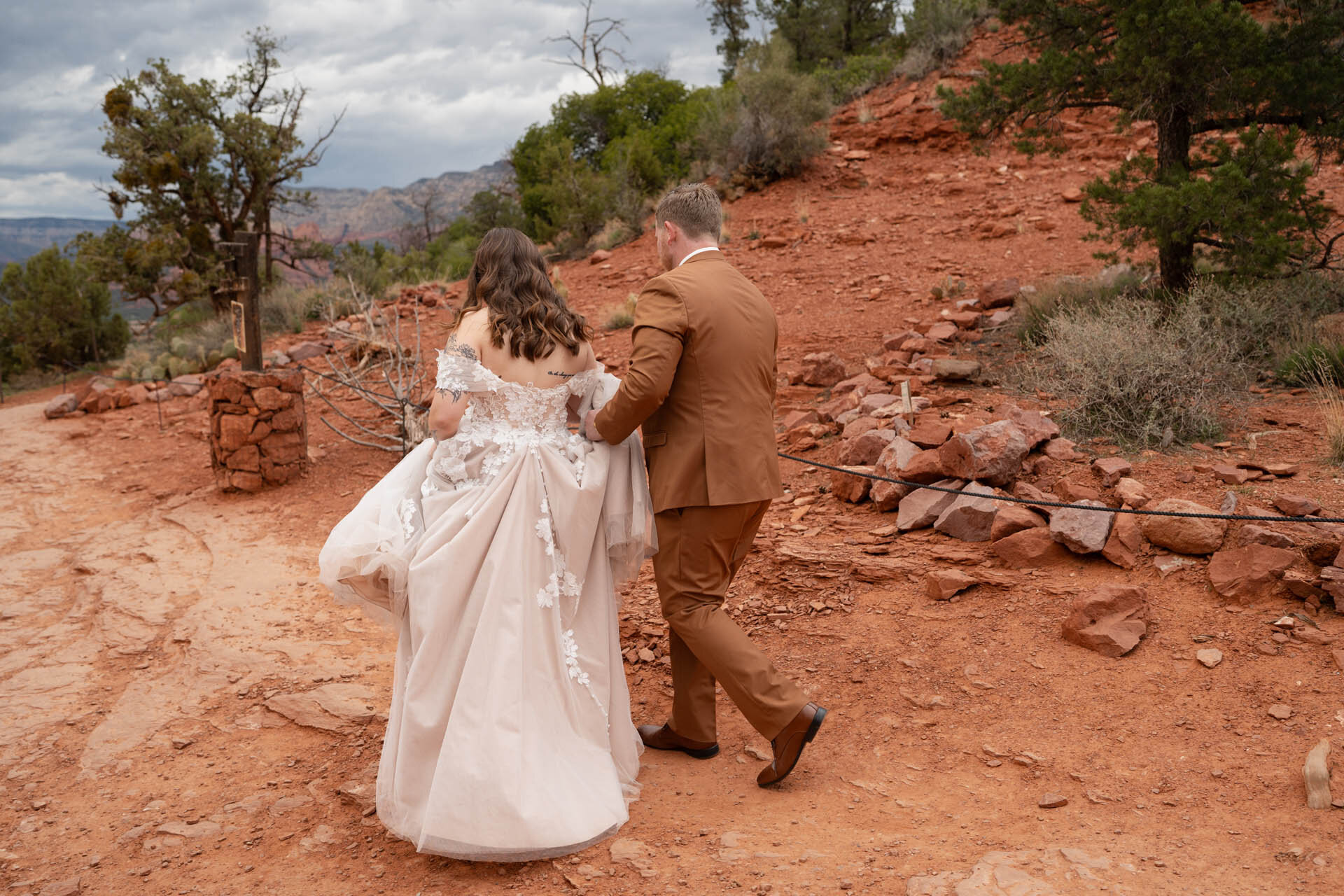 Couple in wedding attire at Sky Ranch Lodge in Sedona, Arizona