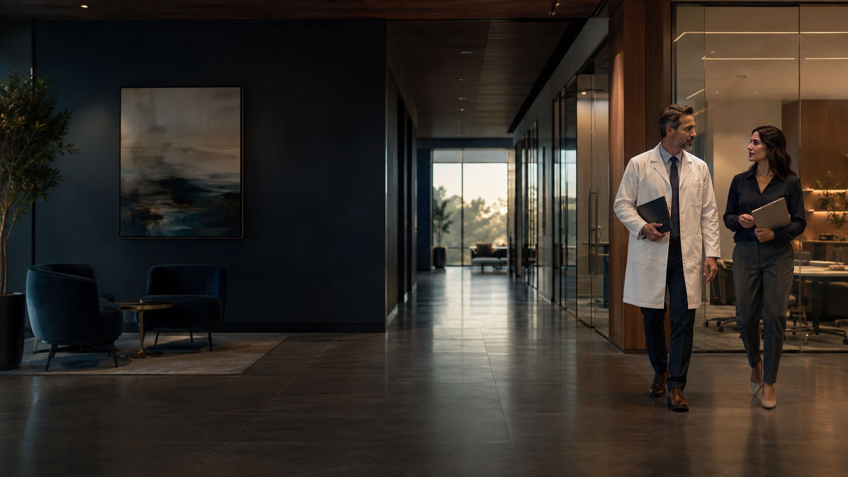 Physician and behavioral health clinician walking together through a modern medical practice