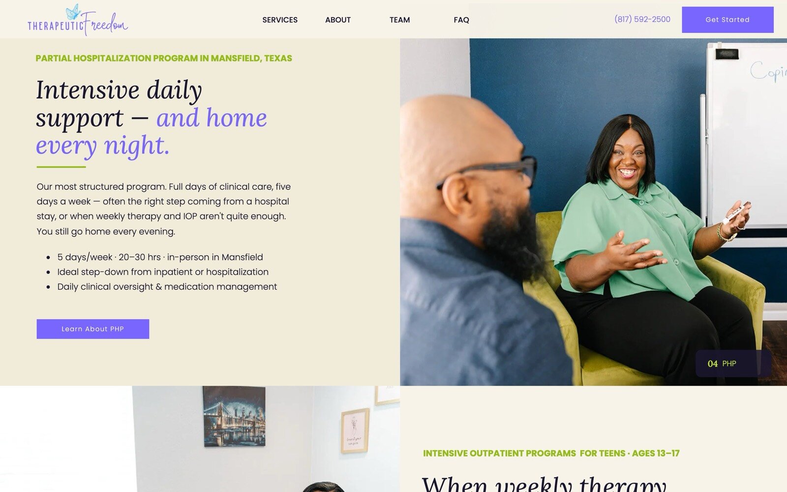 Therapeutic Freedom TX program section with a photo from the Mansfield clinic