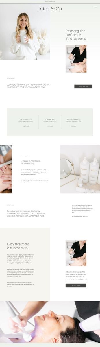 Clean, airy website design by Rove for Alice and Co, an aesthetics and skincare clinic