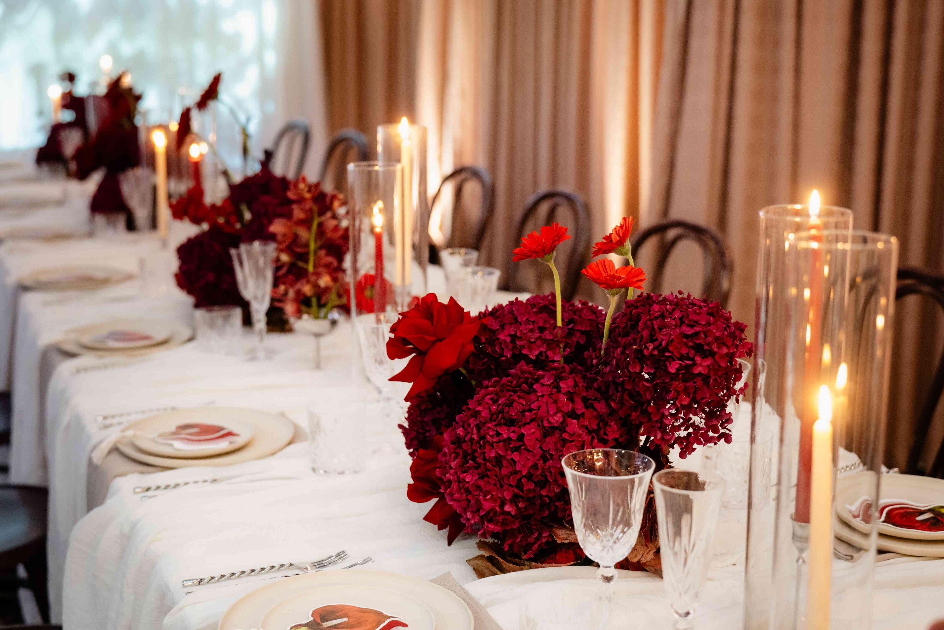 Perth wedding styling at The Vines, burgundy floral centerpiece
