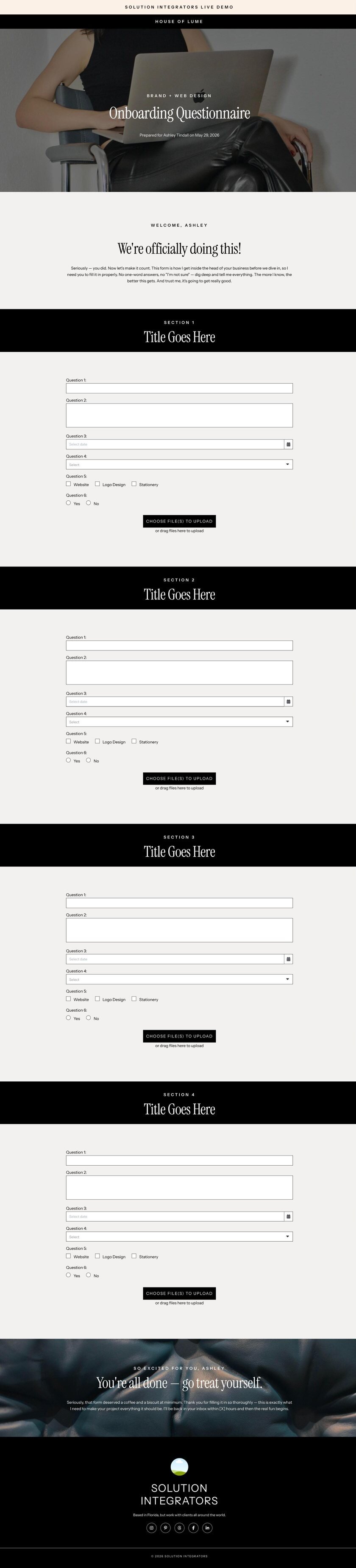 House of Lume Questionnaire Dubsado template, full page