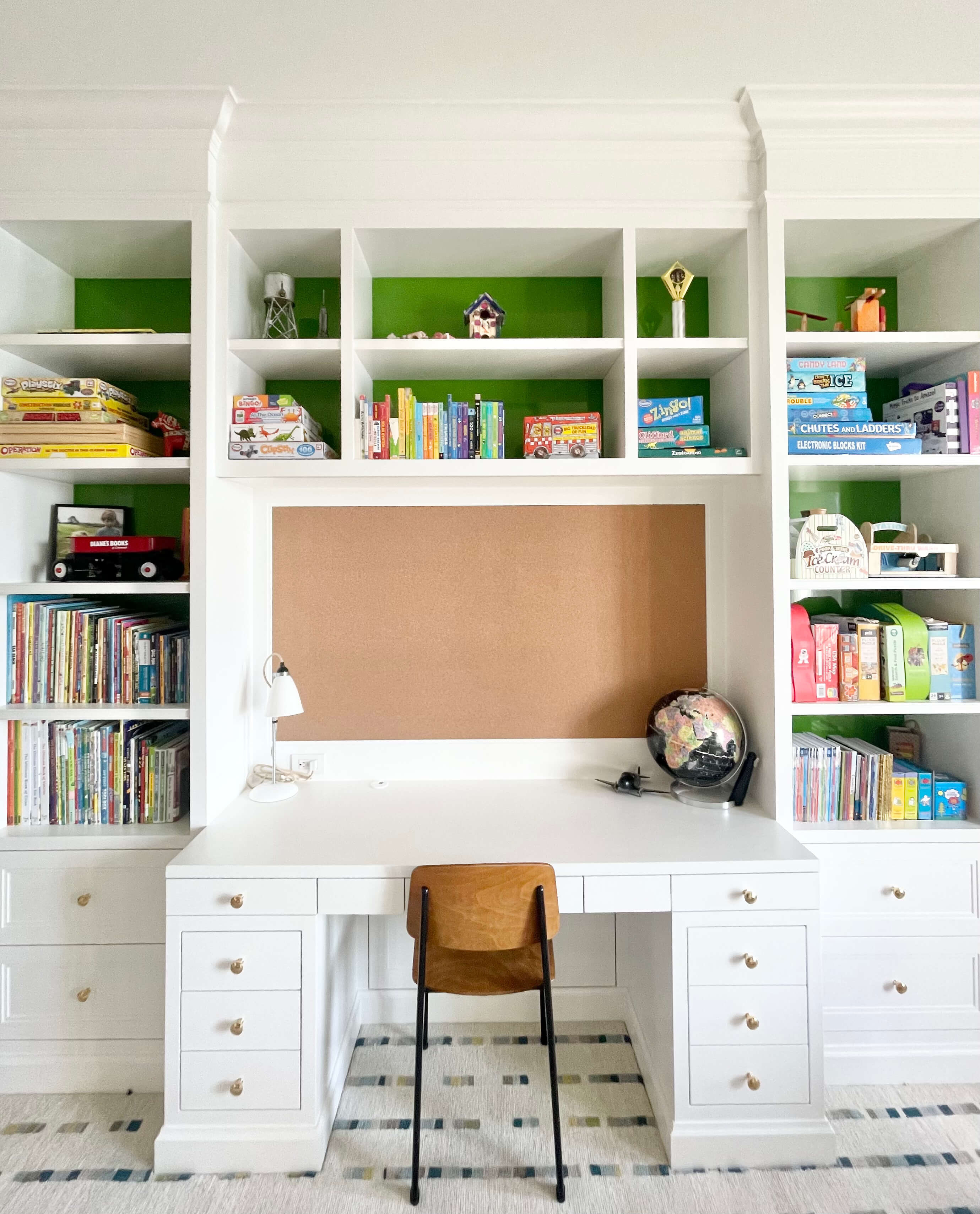 Organized kids' study area with functional storage for school supplies.
