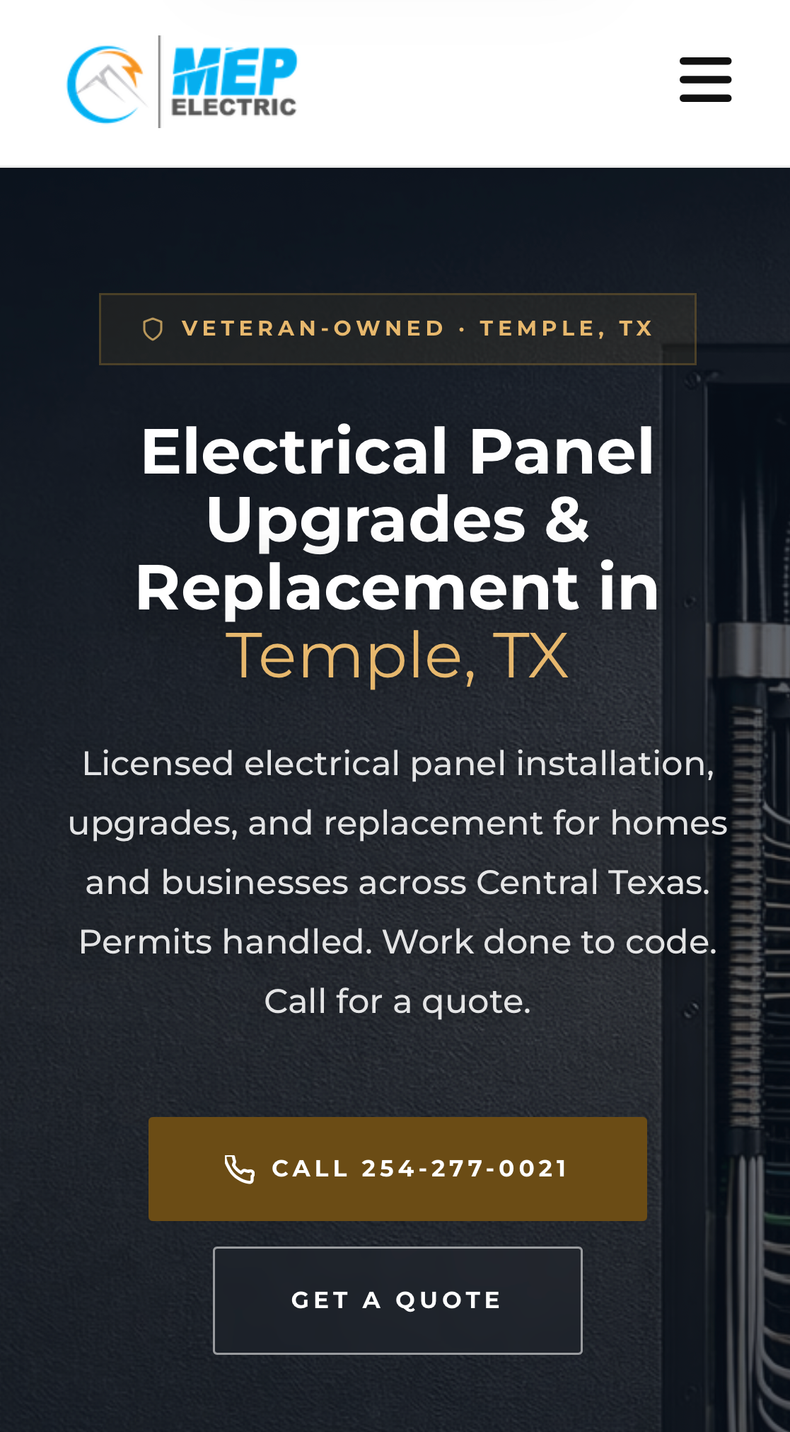 Mobile view of a MEP Electric service page, showing the electrical contractor website's mobile-first design
