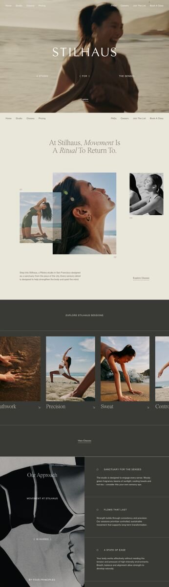 Calm, minimal website design by Rove for Stilhaus, a sensory pilates studio in San Francisco