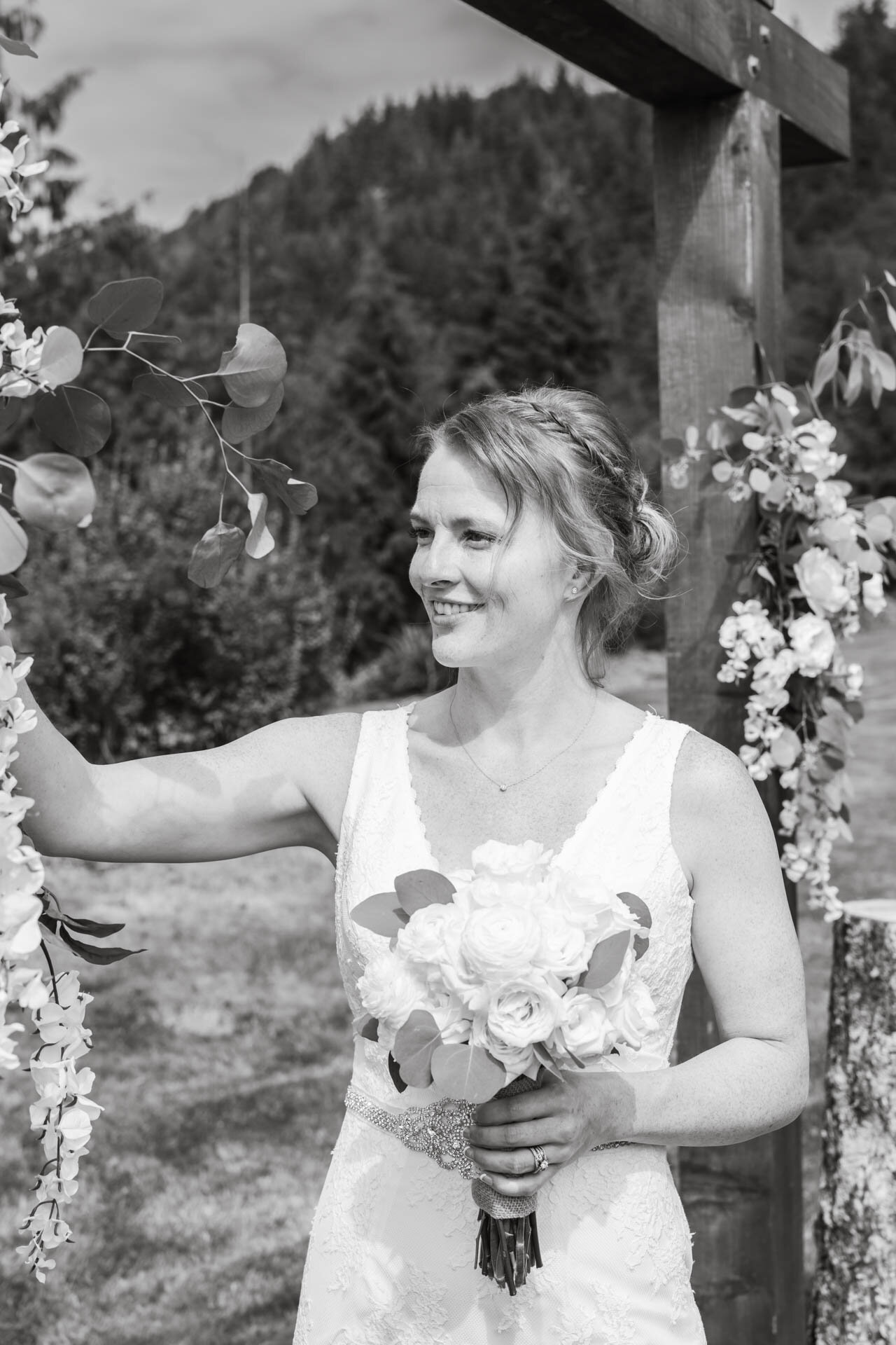 Black and white candid bride portrait