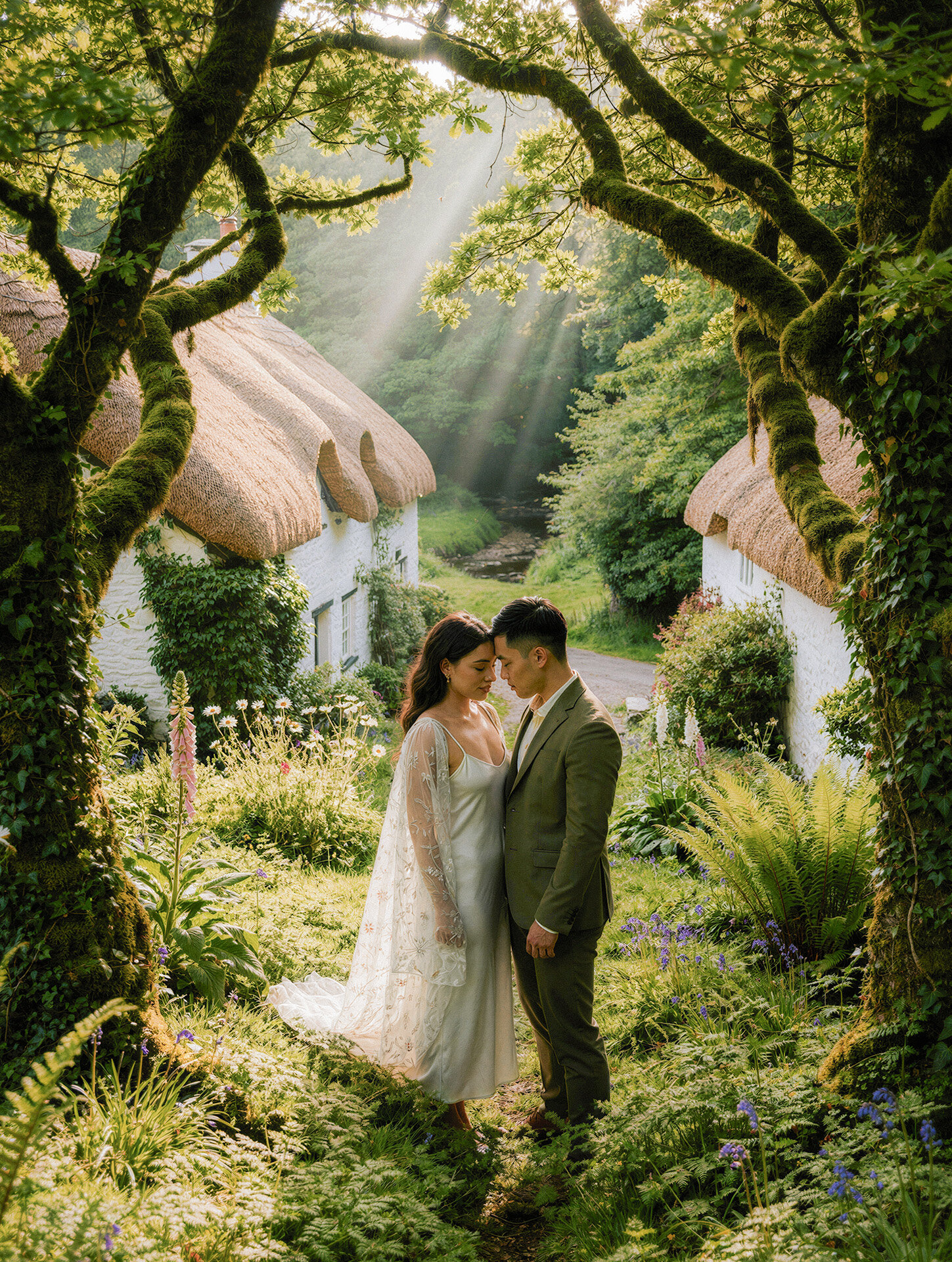 Bride and groom near a forest cottage with sunlight through the trees during an Ireland destination wedding
