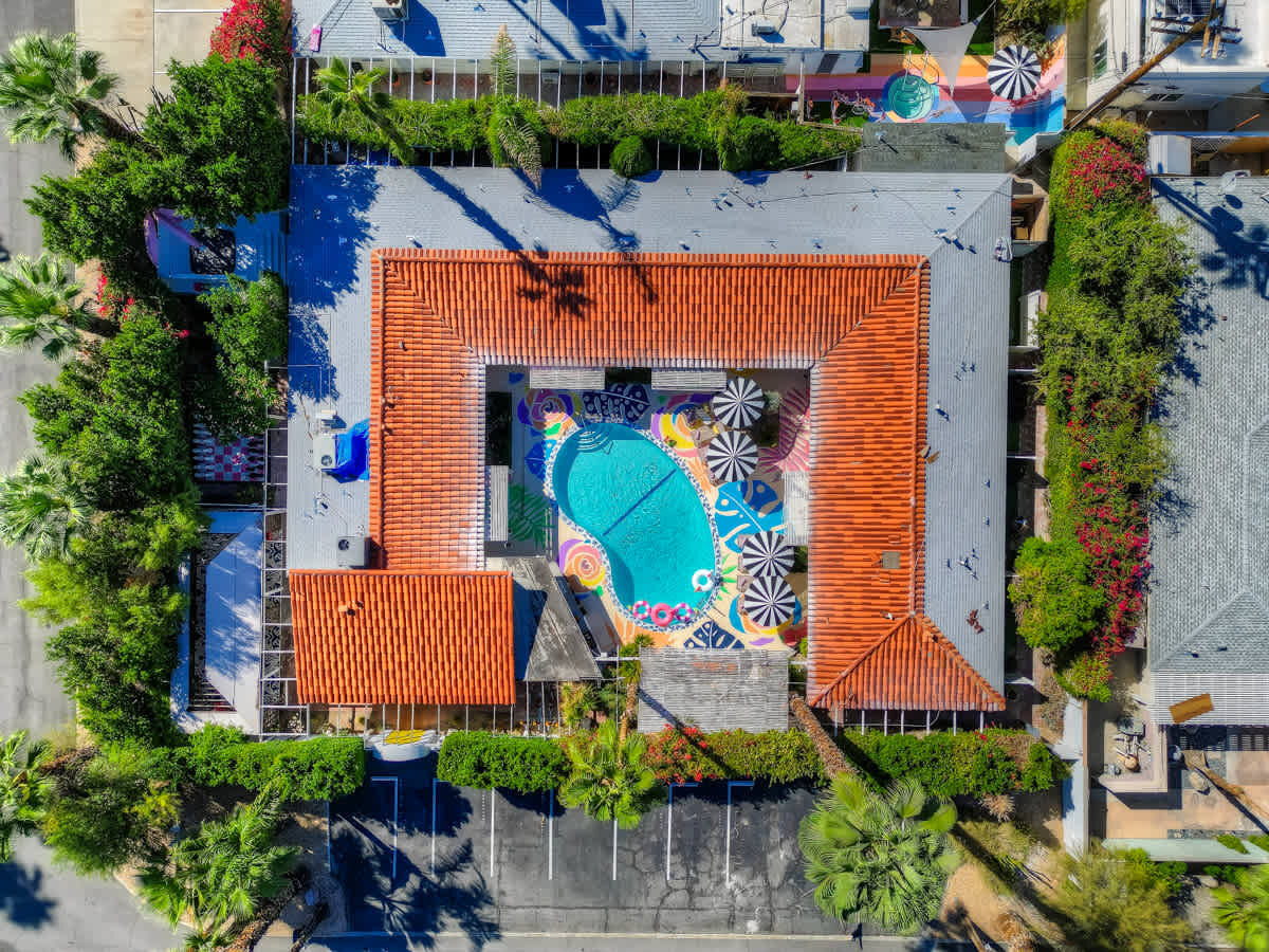 Aerial view of the private estate and pool courtyard