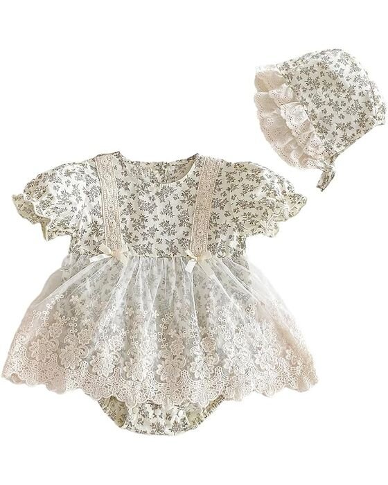 Cream Floral Lace Romper + Bonnet — Baby Girls fall family photo outfit idea