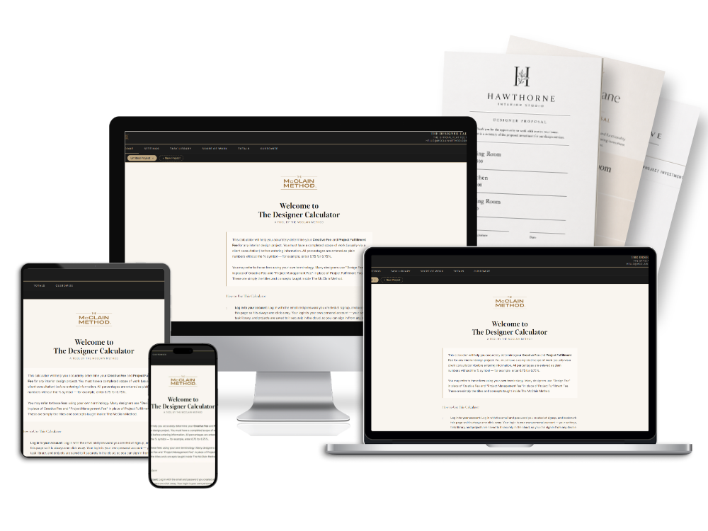 The Designer Calculator on laptop, phone, and printed proposals
