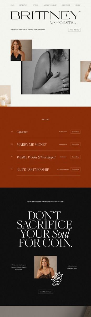 Opulent editorial website design by Rove for wealth mindset coach Brittney Van Gestel in rich rust and cream tones