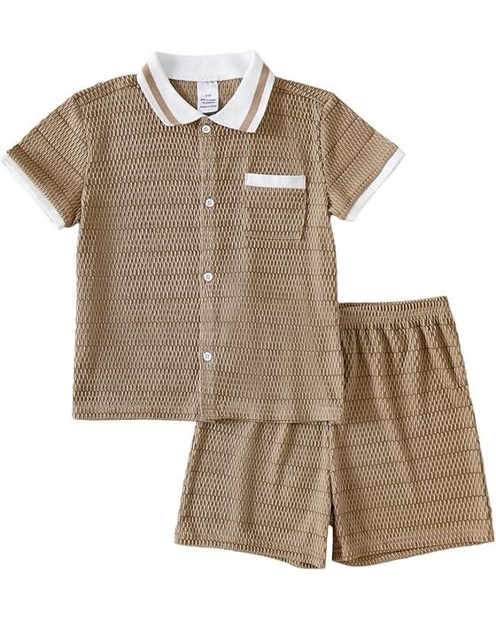 Tan Textured Polo + Short Set — Young Boys fall family photo outfit idea