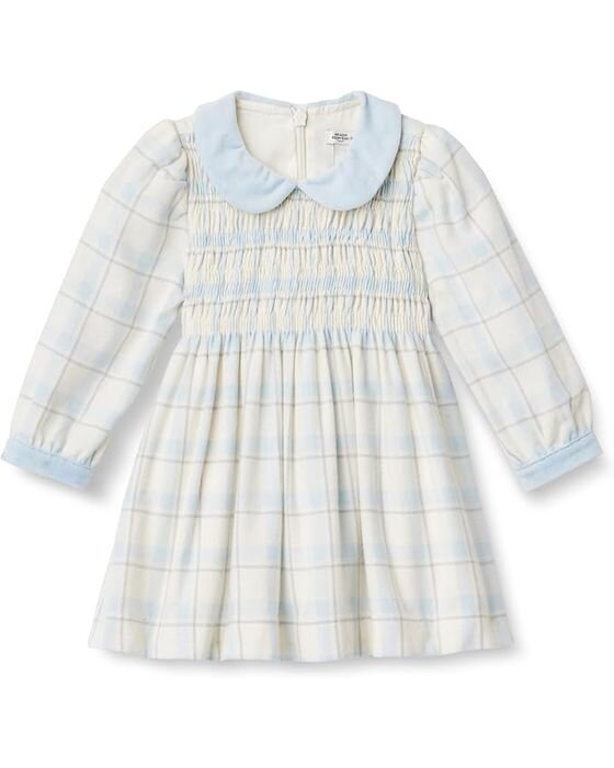 Blue Plaid Smocked Peter Pan Dress — Young Girls fall family photo outfit idea