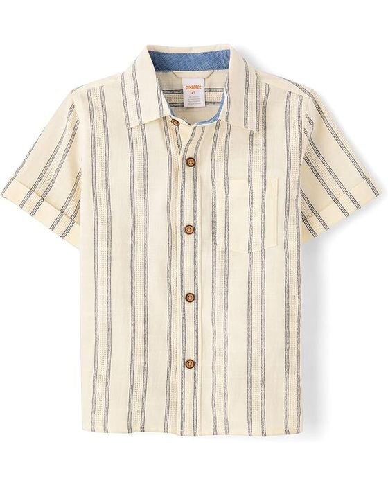 Cream & Navy Striped Button-Down — Young Boys fall family photo outfit idea