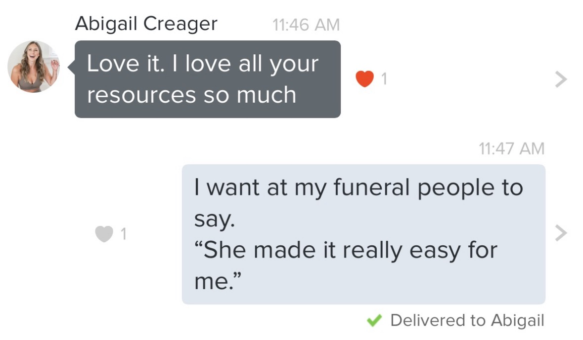 Client message about feeling more at ease