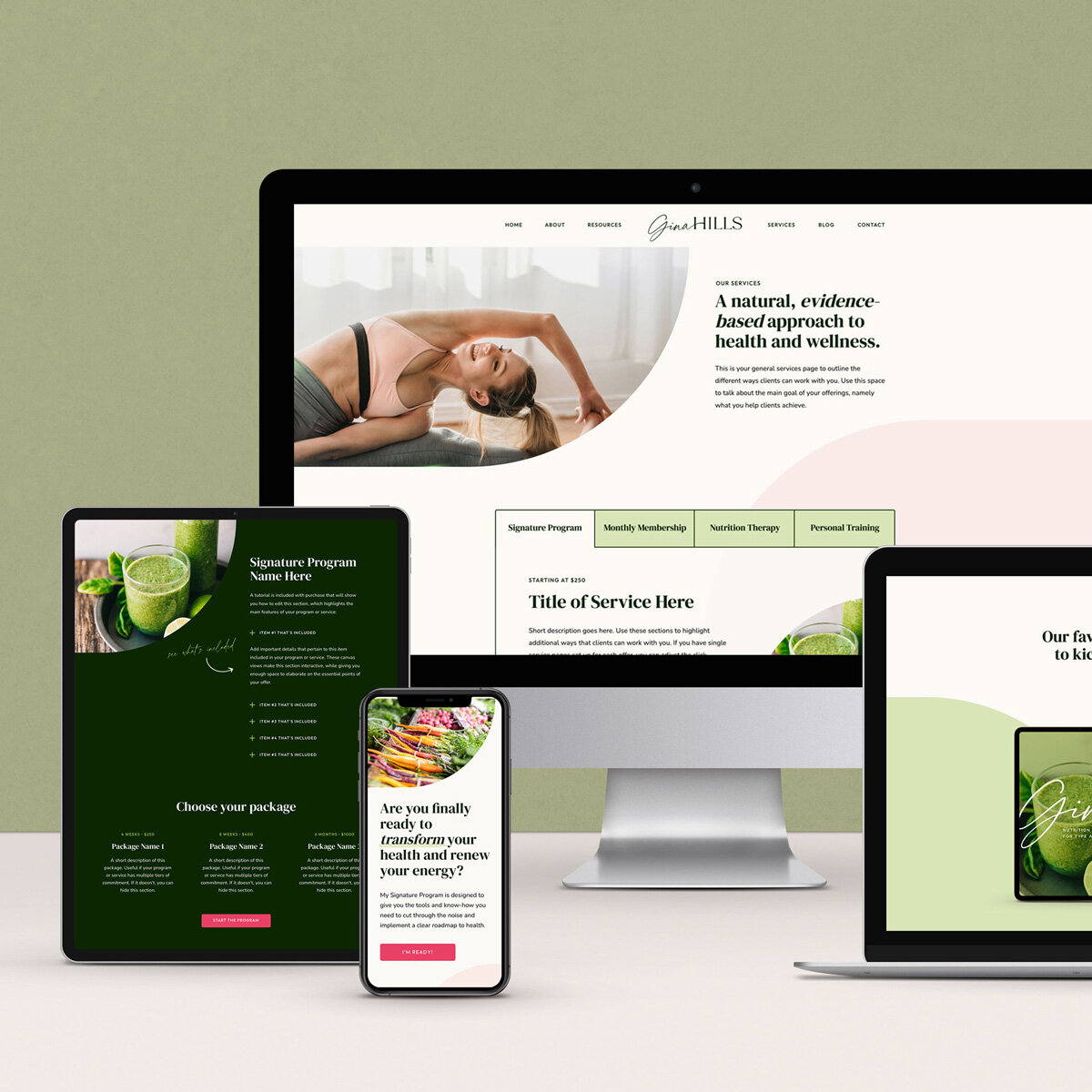 Showit website template for wellness coaches on multiple devices