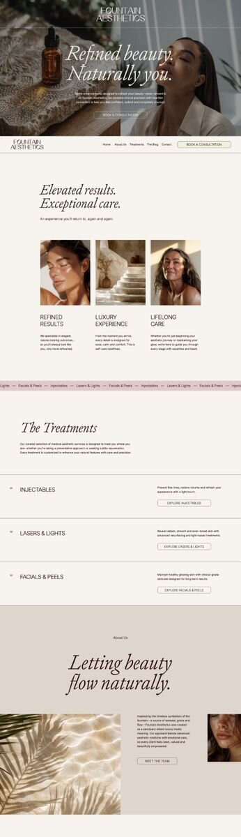 Soft luxury website design by Rove for medical aesthetics clinic Fountain Aesthetics in warm natural tones