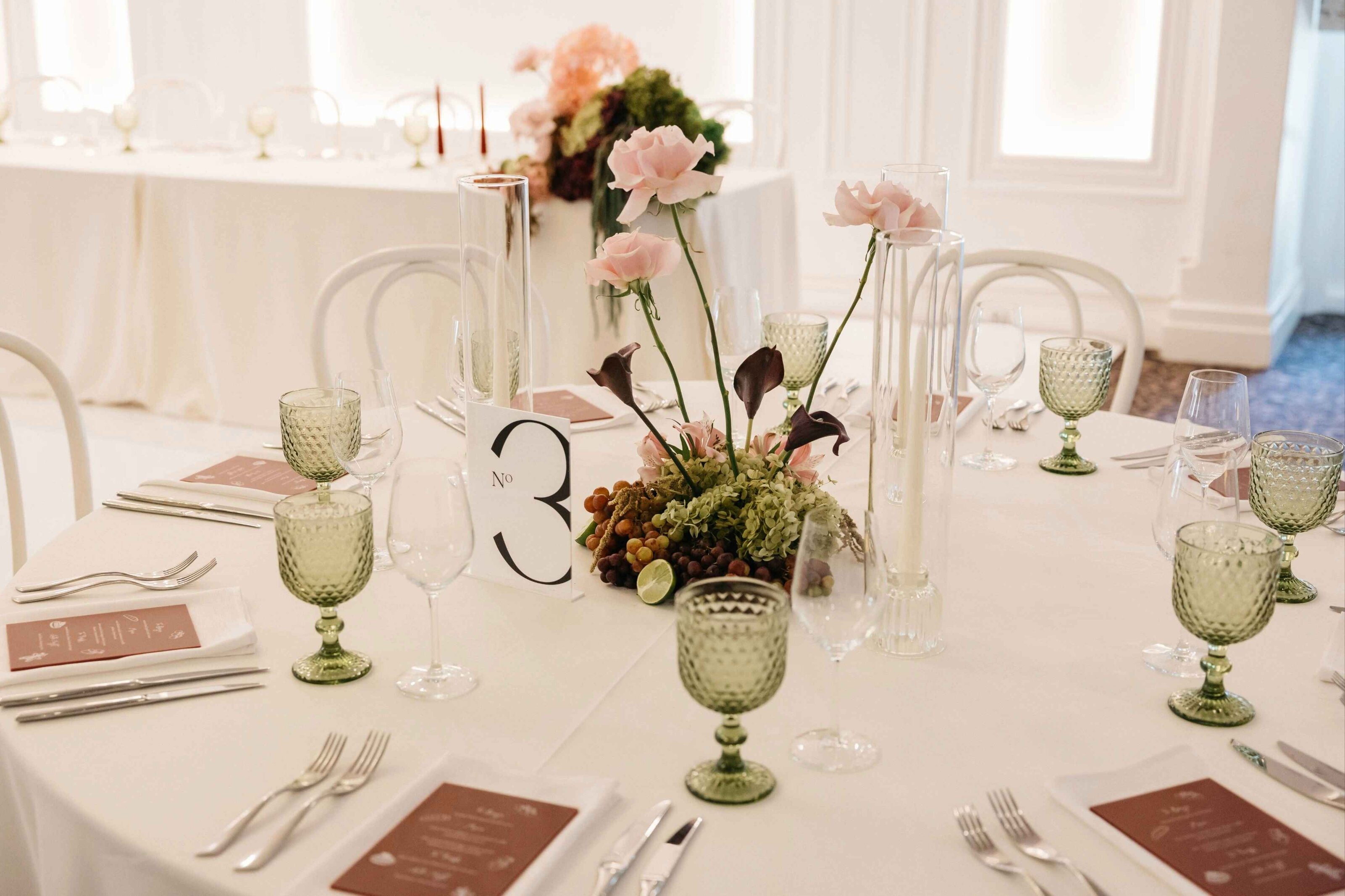 Perth wedding portfolio, blush ombre centerpiece with grapes