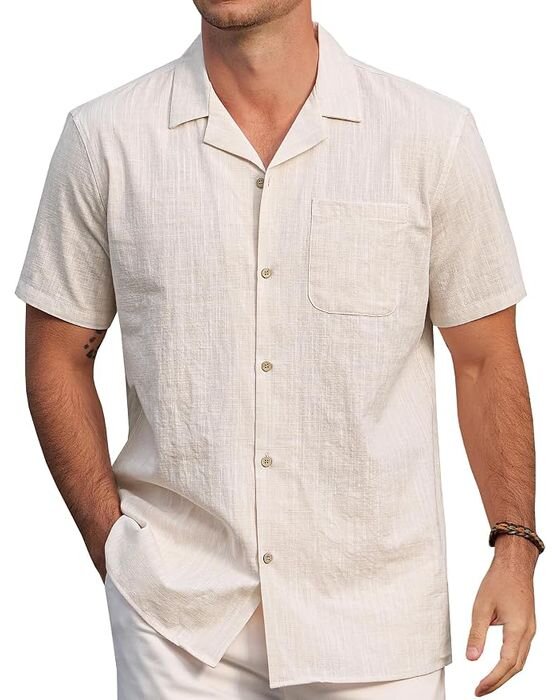 Cream Linen Short-Sleeve Button-Down — Dads fall family photo outfit idea